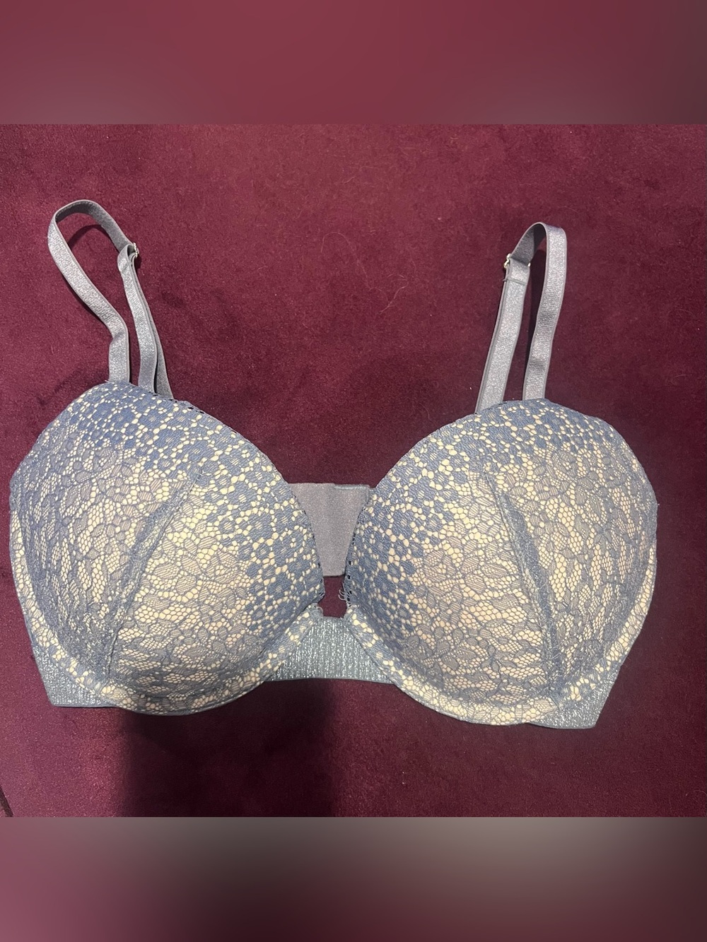 Victoria's Secret Lace Overlay Bra in Light Blue Gray and Cream